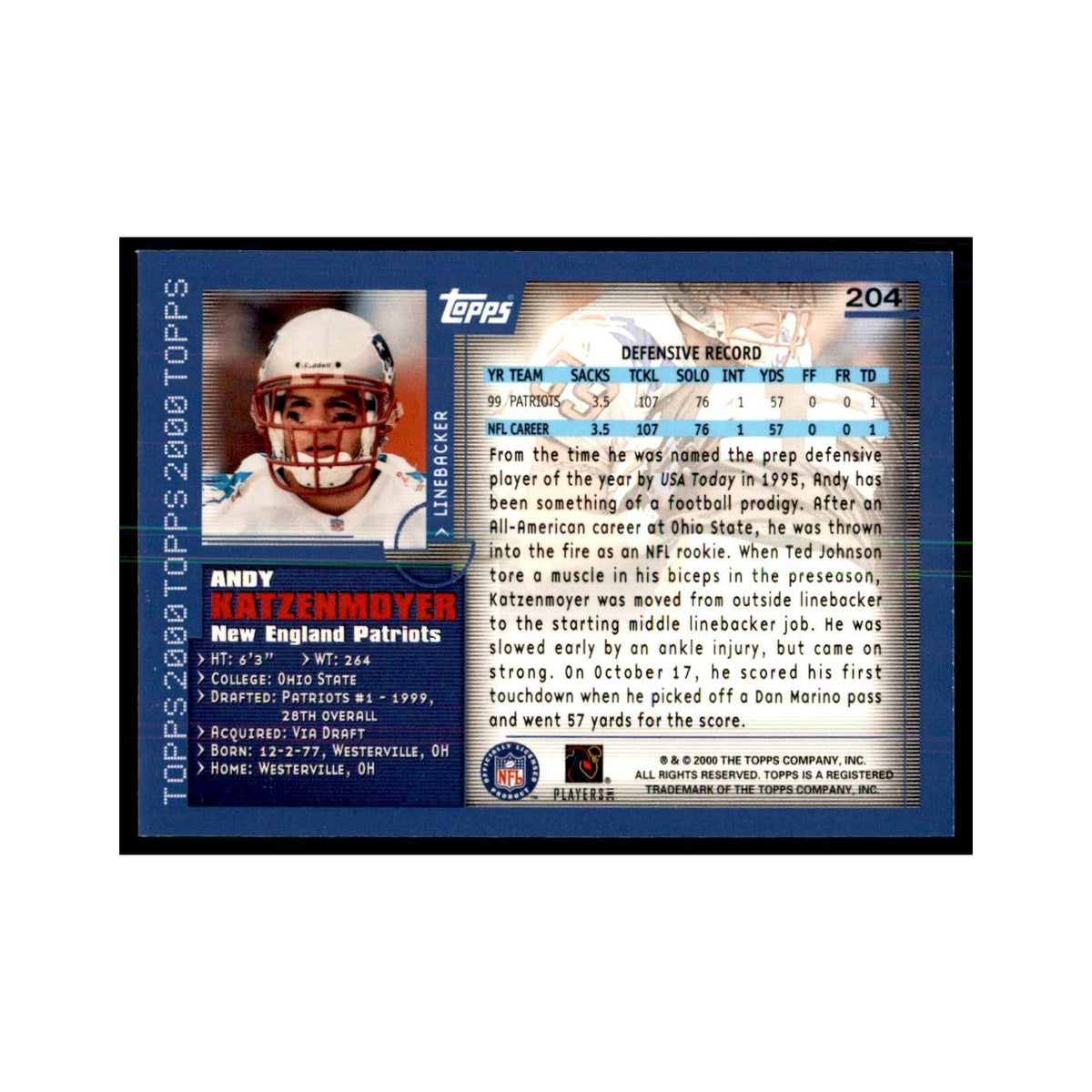 Andy Katzenmoyer 2000 Topps #204 Football Cards Football Card NM