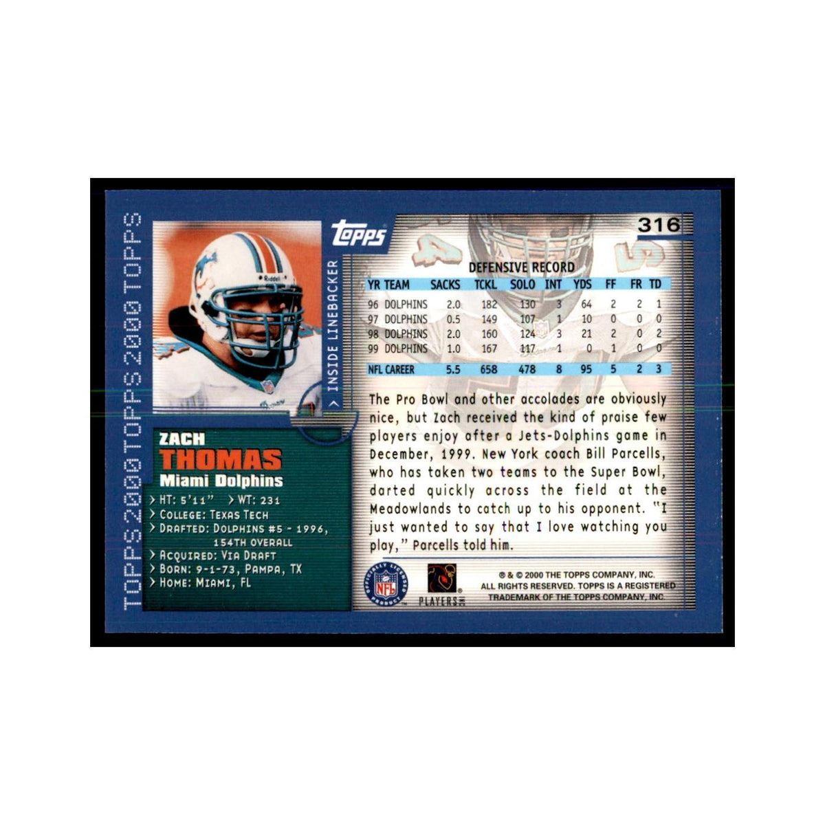 Zach Thomas 2000 Topps #316 Football Cards Football Card NM
