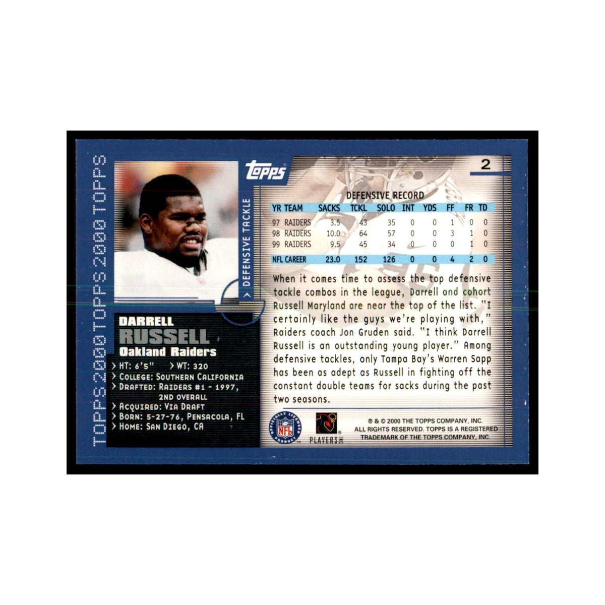 Darrell Russell 2000 Topps #2 Football Cards Football Card NM
