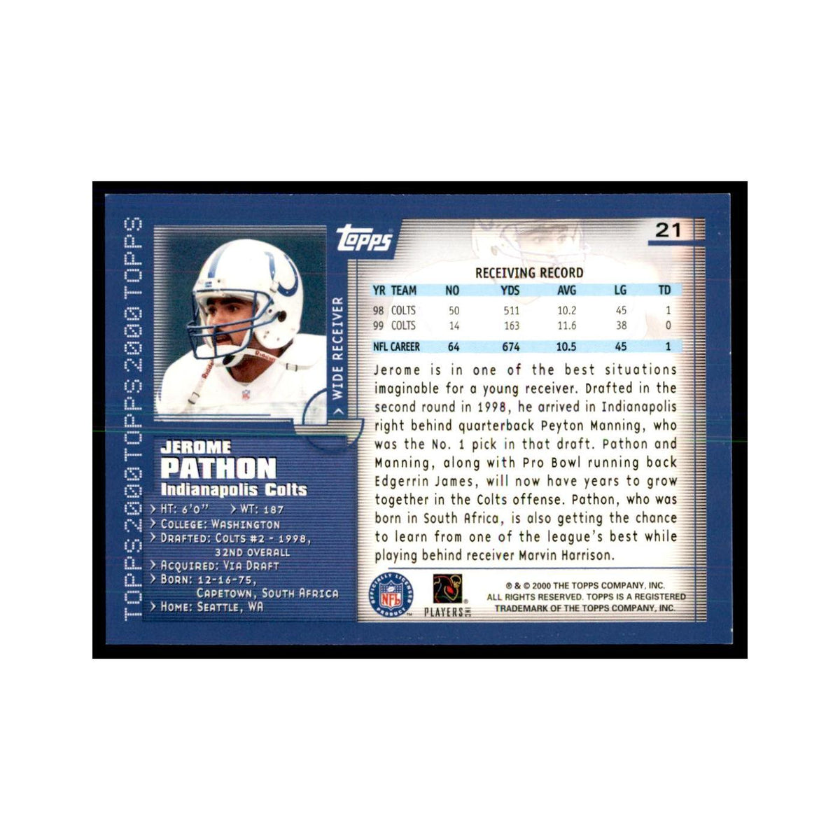 Jerome Pathon 2000 Topps #21 Football Cards Football Card NM