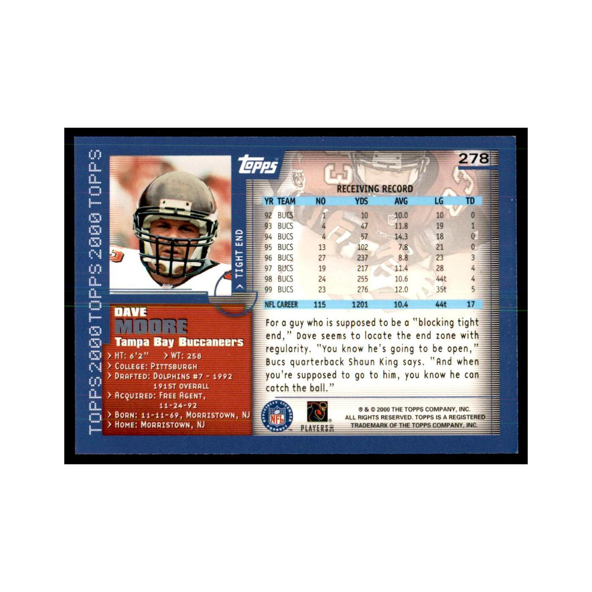 Dave Moore 2000 Topps #278 Football Cards Football Card NM