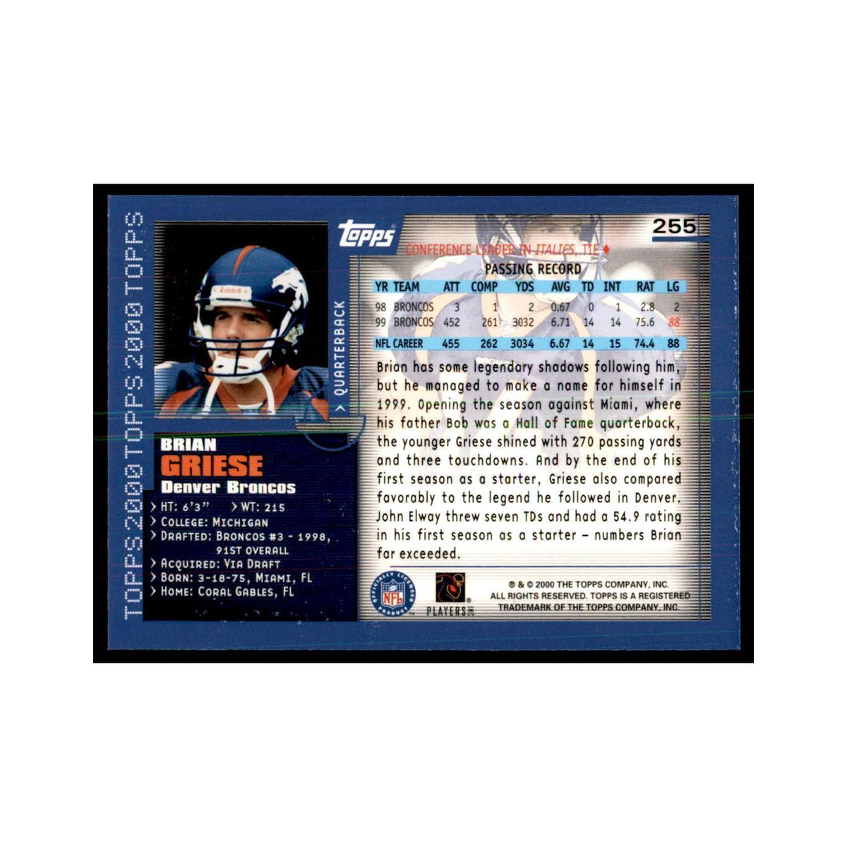 Brian Griese 2000 Topps #255 Football Cards Football Card NM