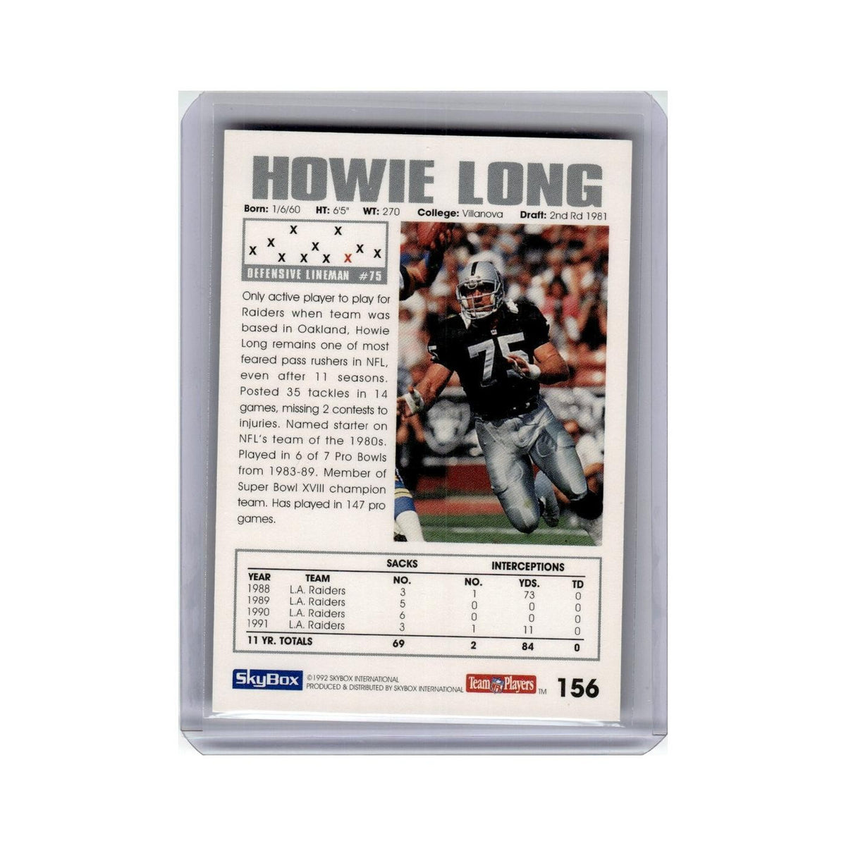 Howie Long 1992 SkyBox #156 Los Angeles Raiders Football Card NM