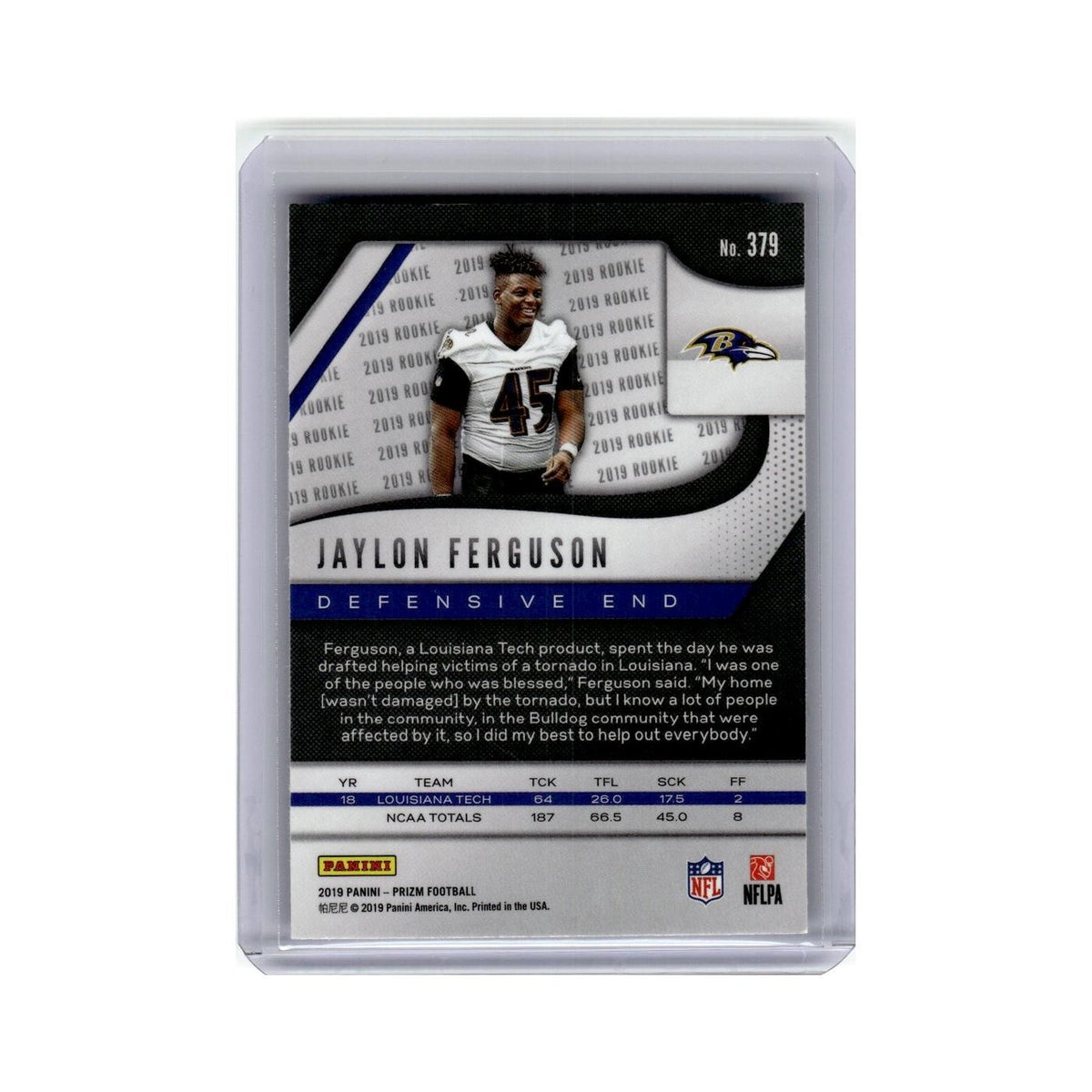 Jaylon Ferguson Rookie 2019 Panini Prizm #379 Baltimore Ravens Football Card NM