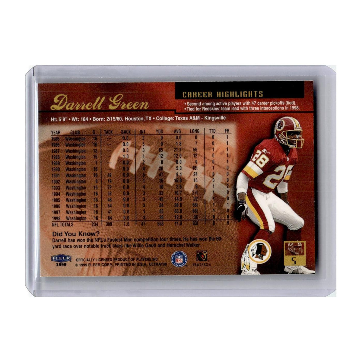 Darrell Green 1999 Fleer Ultra #5 Washington Redskins Football Card NM