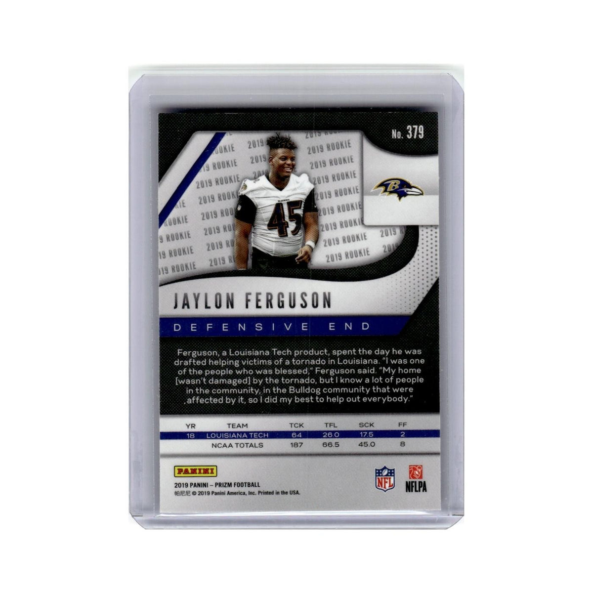 Jaylon Ferguson Rookie 2019 Panini Prizm #379 Baltimore Ravens Football Card NM