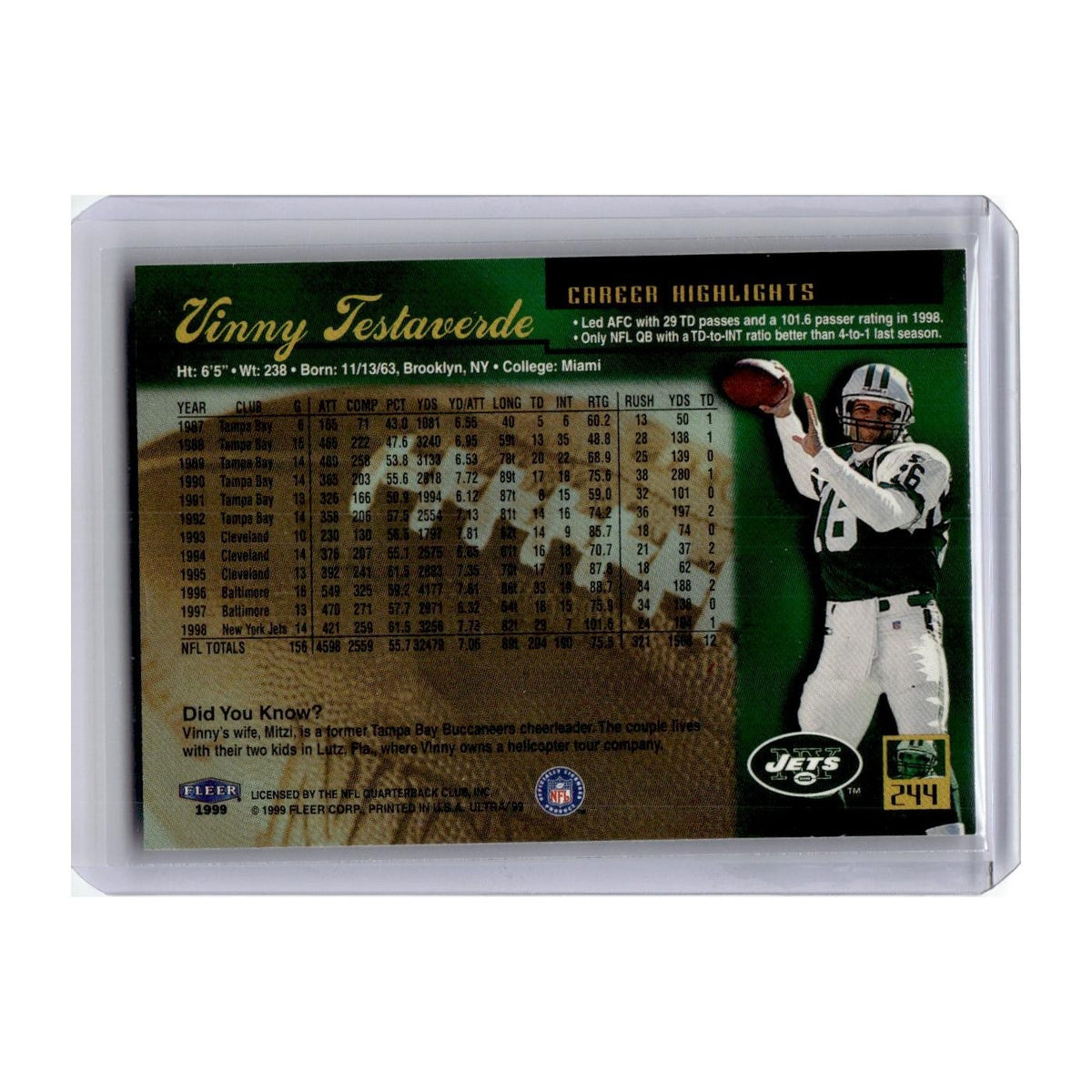 Vinny Testaverde 1999 Fleer Ultra #244 New York Jets Football Card NM