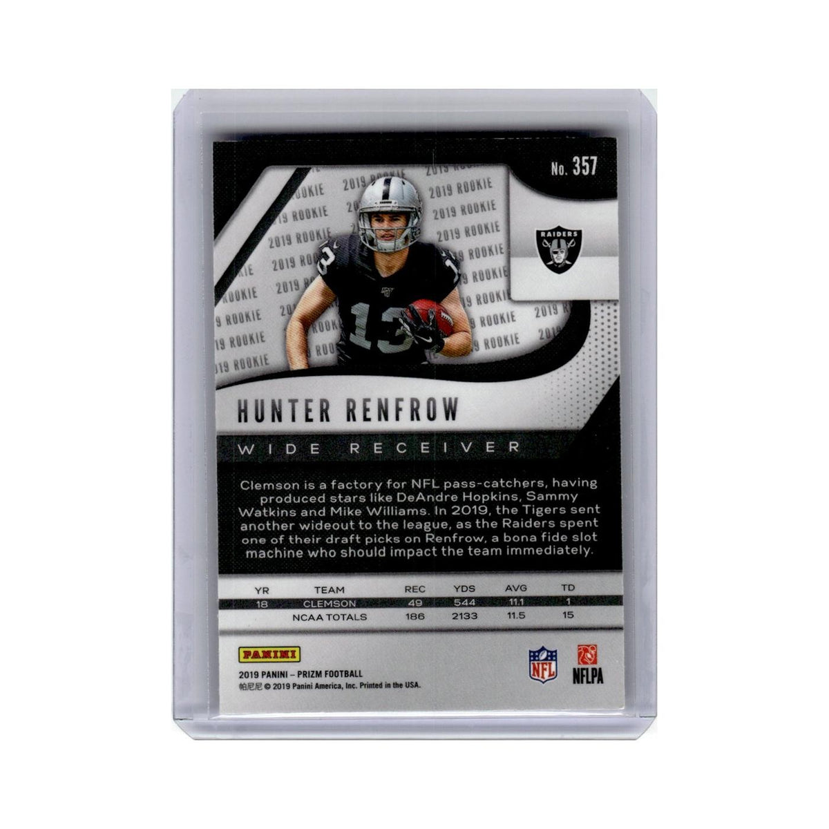 Hunter Renfrow Rookie 2019 Panini Prizm #357 Oakland Raiders Football Card NM