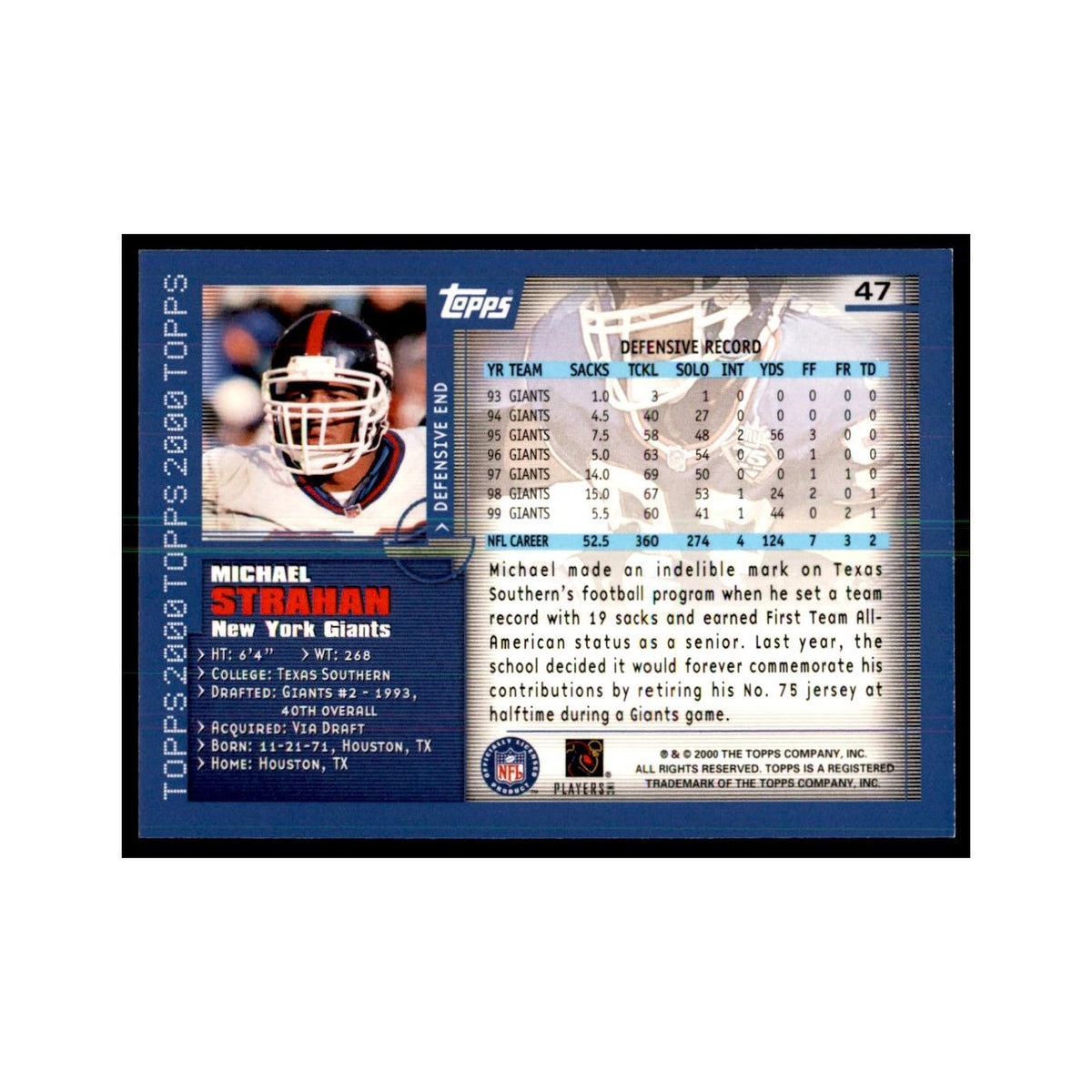 Michael Strahan 2000 Topps #47 Football Cards Football Card NM