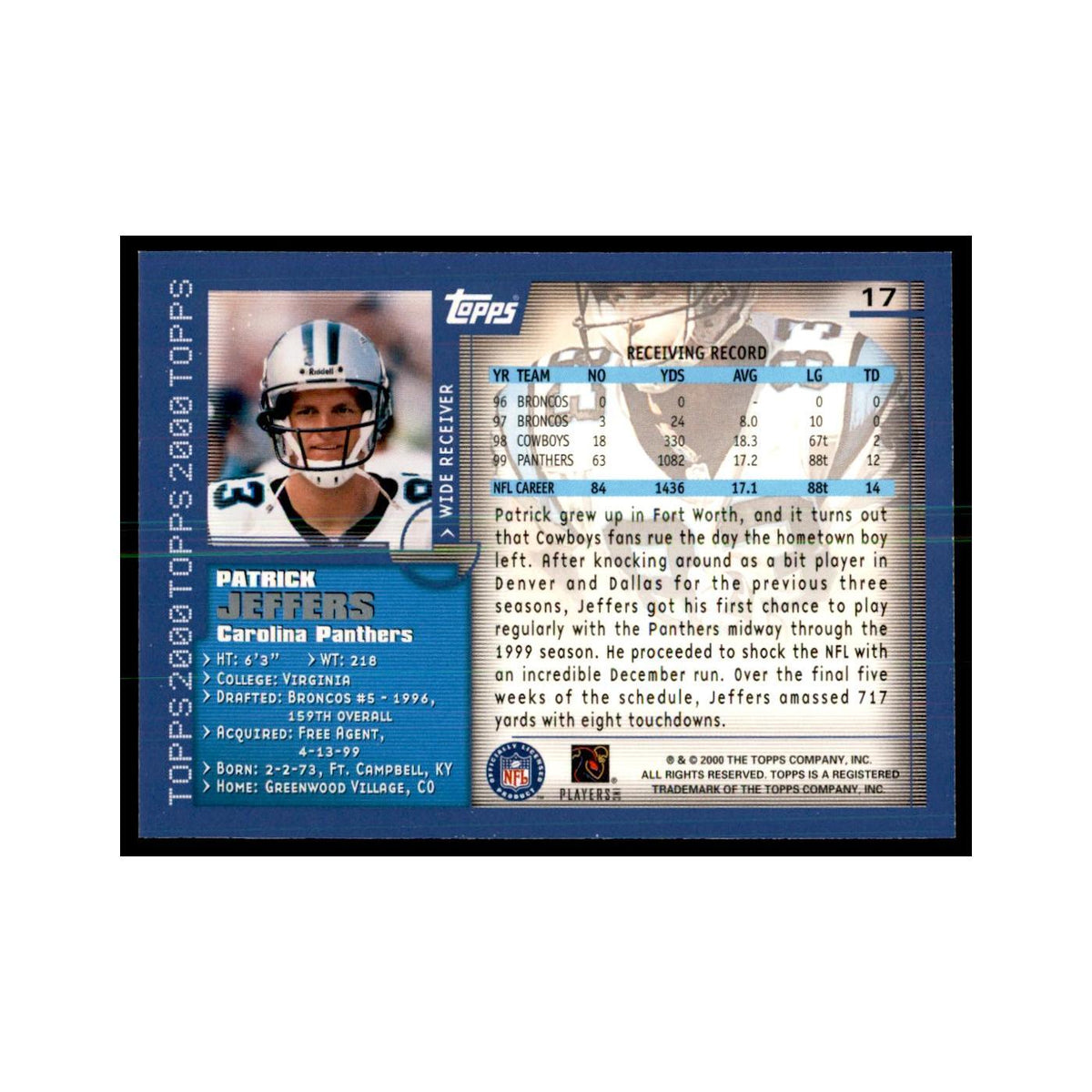 Patrick Jeffers 2000 Topps #17 Football Cards Football Card NM