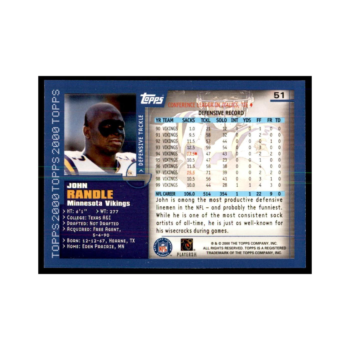 John Randle 2000 Topps #51 Football Cards Football Card NM