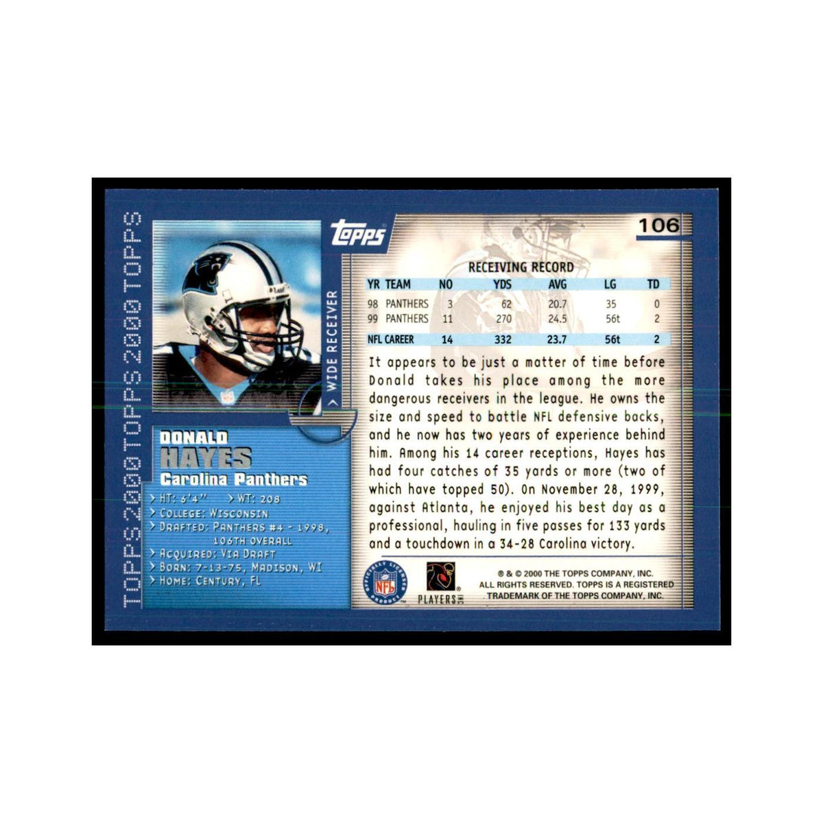 Donald Hayes 2000 Topps #106 Football Cards Football Card NM