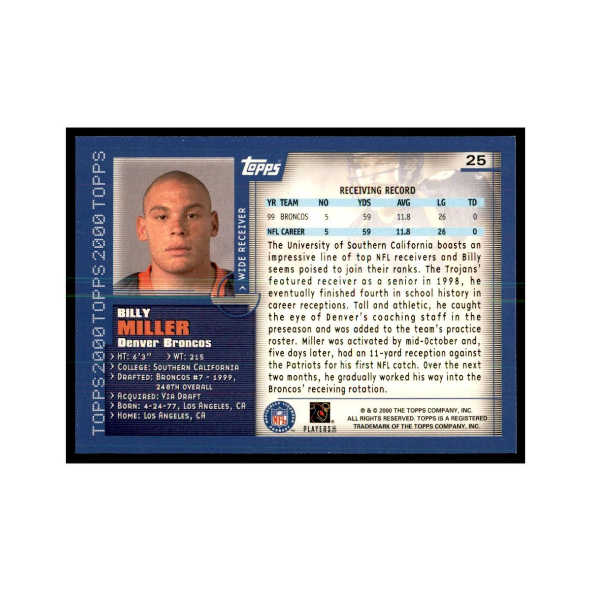 Billy Miller 2000 Topps #25 Football Cards Football Card NM