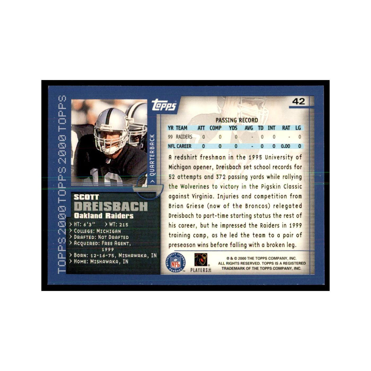Scott Dreisbach 2000 Topps #42 Football Cards Football Card NM