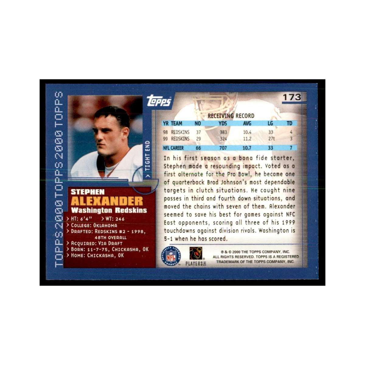 Stephen Alexander 2000 Topps #173 Football Cards Football Card NM