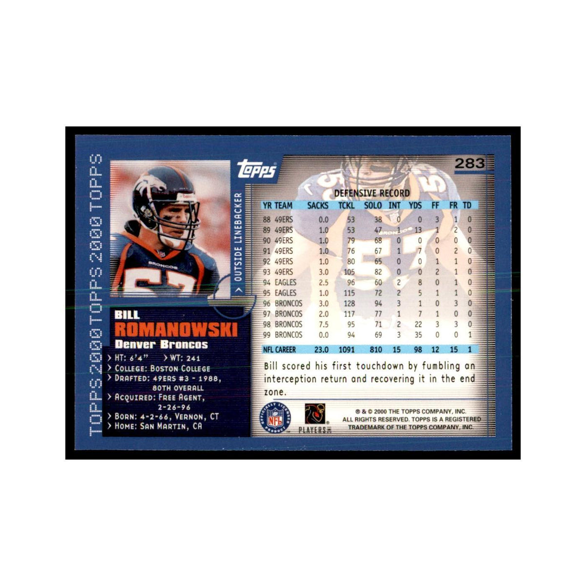 Bill Romanowski 2000 Topps #283 Football Cards Football Card NM