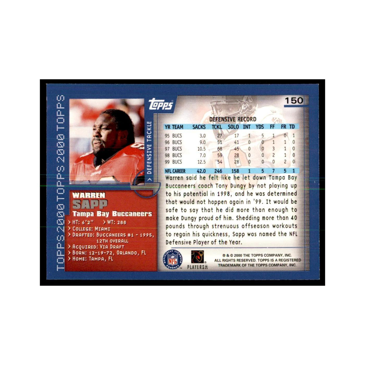 Warren Sapp 2000 Topps #150 Football Cards Football Card NM