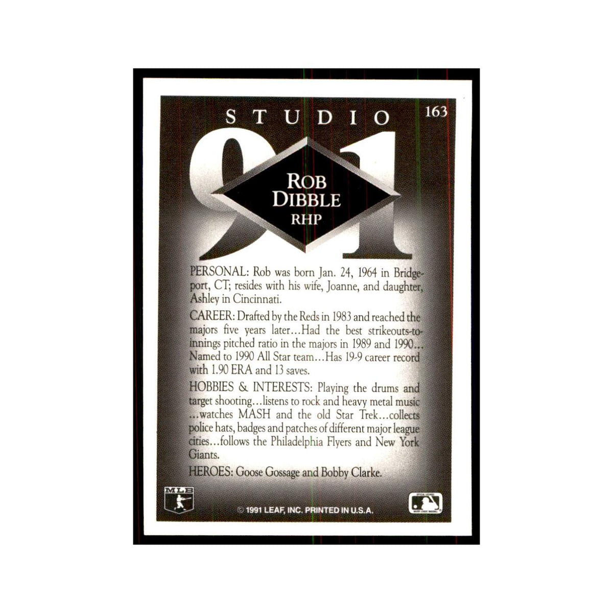 Rob Dibble 1991 Studio #163 Baseball Cards Baseball Card NM