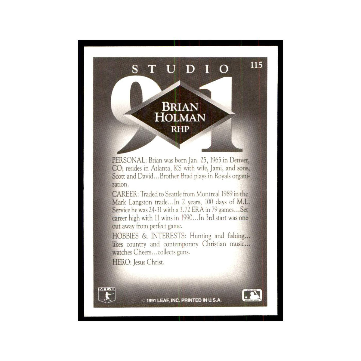 Brian Holman 1991 Studio #115 Baseball Cards Baseball Card NM