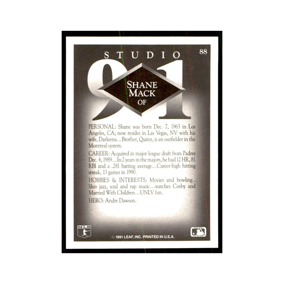 Shane Mack 1991 Studio #88 Baseball Cards Baseball Card NM