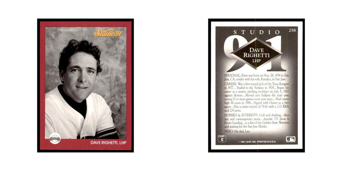 Dave Righetti 1991 Studio #258 Baseball Cards Baseball Card NM