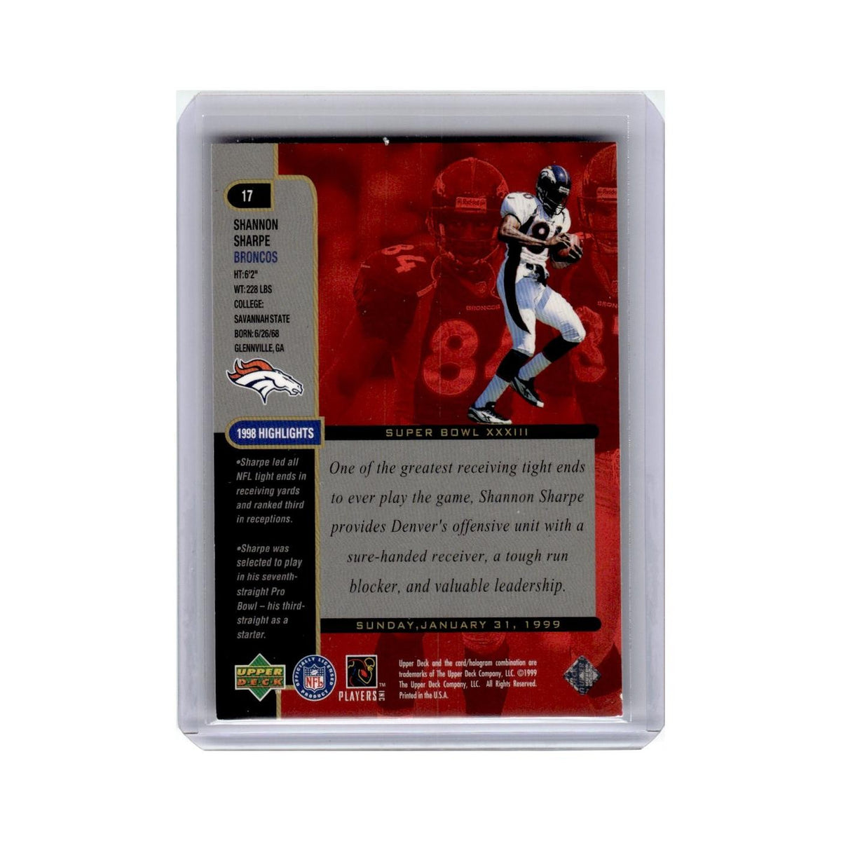 Shannon Sharpe 1999 Upper Deck Super Bowl XXXIII #17 Denver Broncos NM