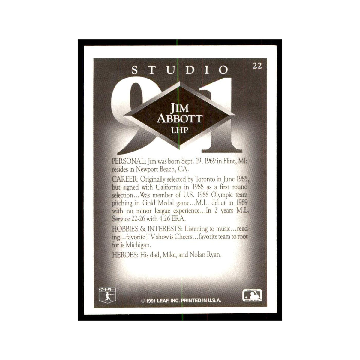 Jim Abbott 1991 Studio #22 Baseball Cards Baseball Card NM