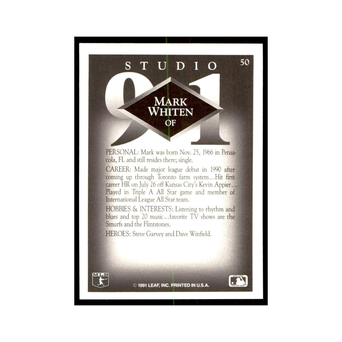 Mark Whiten 1991 Studio #50 Baseball Cards Baseball Card NM