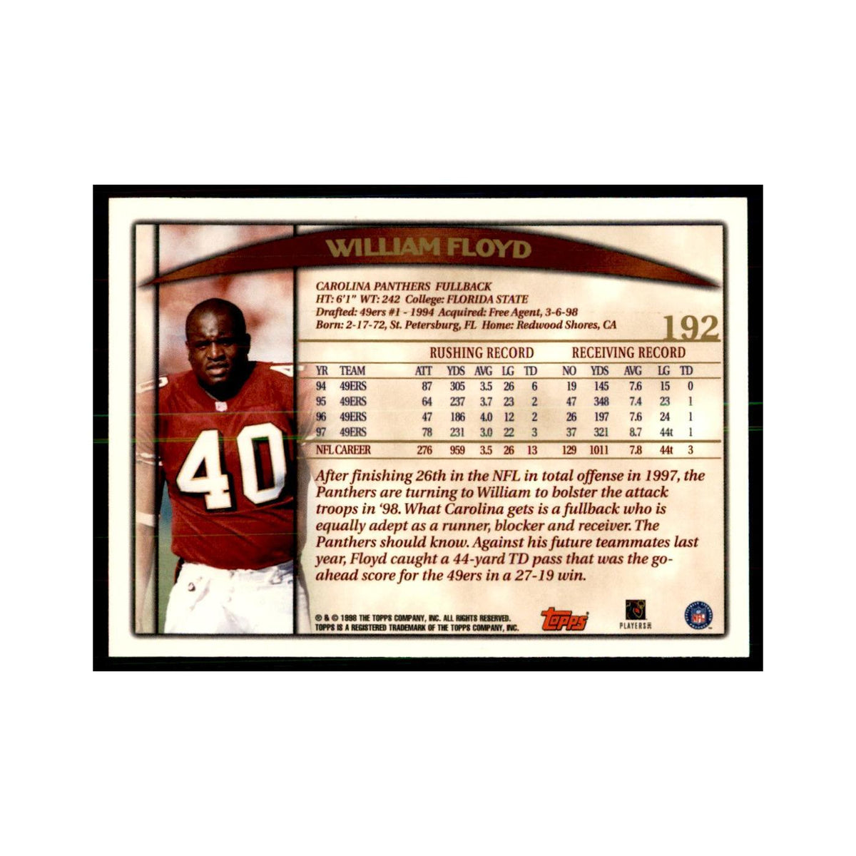 William Floyd 1998 Topps #192 Football Cards Football Card NM
