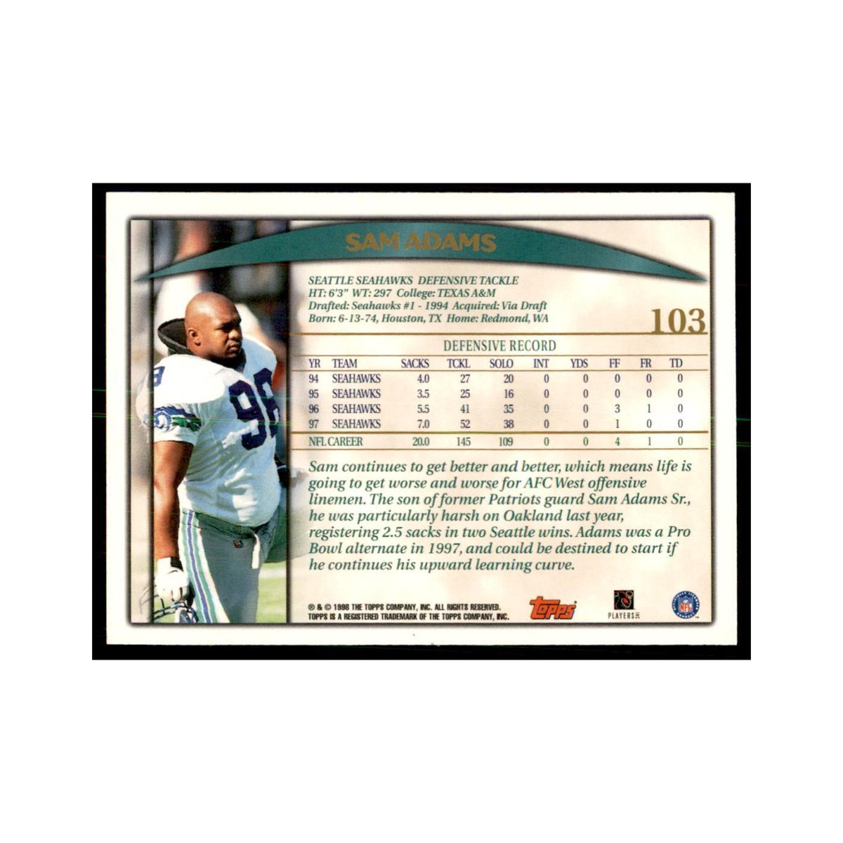 Sam Adams 1998 Topps #103 Football Cards Football Card NM