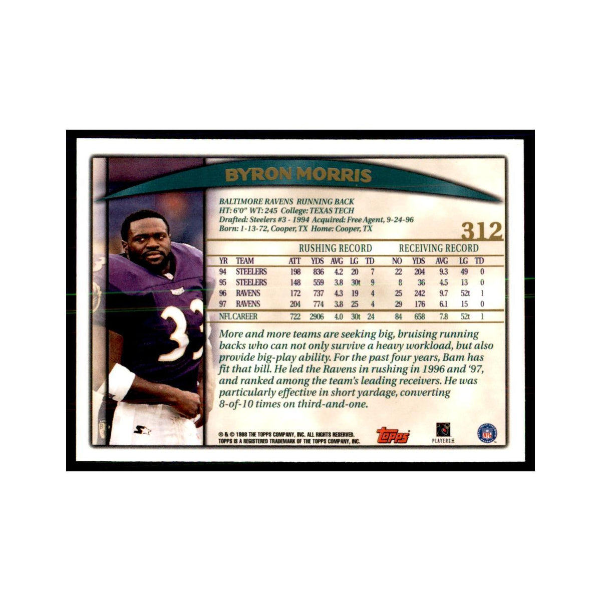 Byron Morris 1998 Topps #312 Football Cards Football Card NM