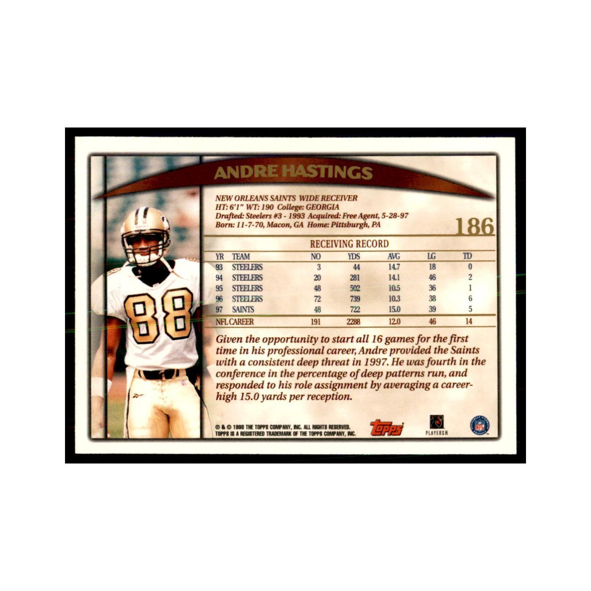 Andre Hastings 1998 Topps #186 Football Cards Football Card NM