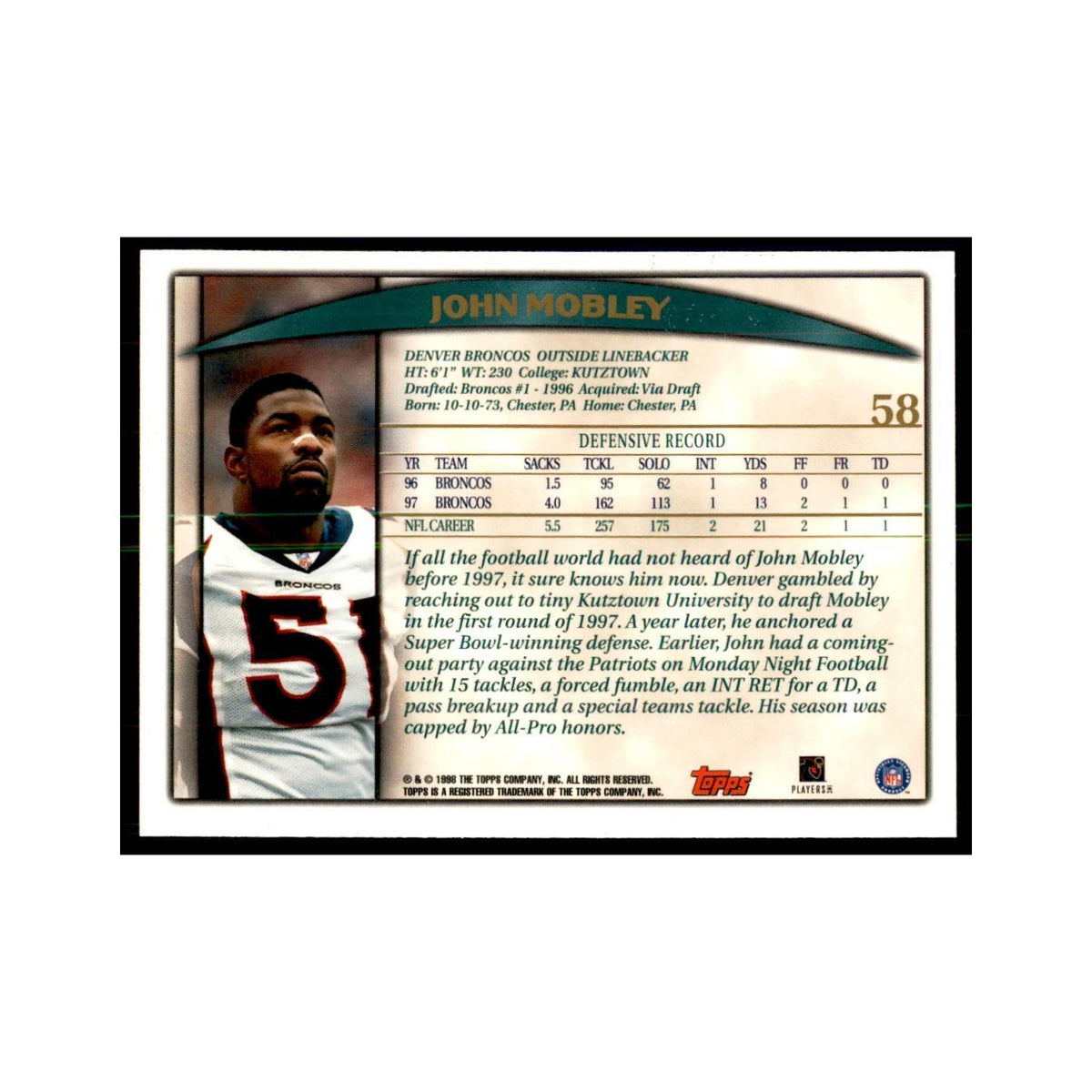 John Mobley 1998 Topps #58 Football Cards Football Card NM