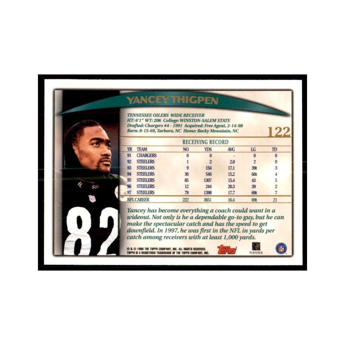 Yancey Thigpen 1998 Topps #122 Football Cards Football Card NM