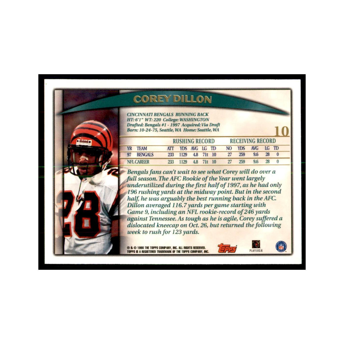 Corey Dillon 1998 Topps #10 Football Cards Football Card NM