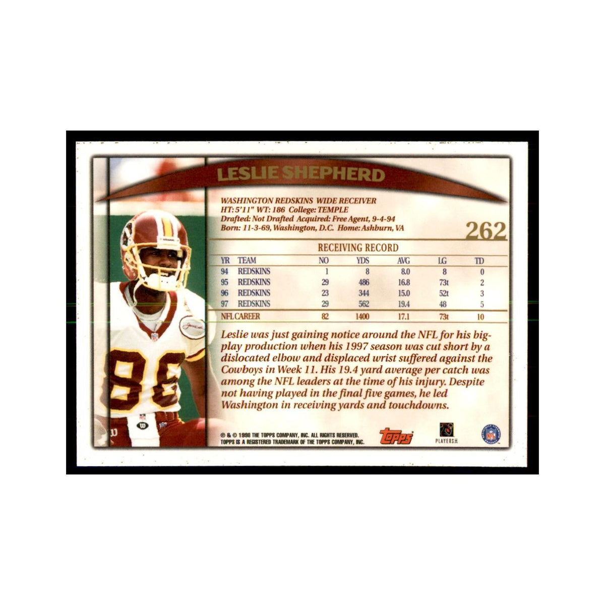 Leslie Shepherd 1998 Topps #262 Football Cards Football Card NM