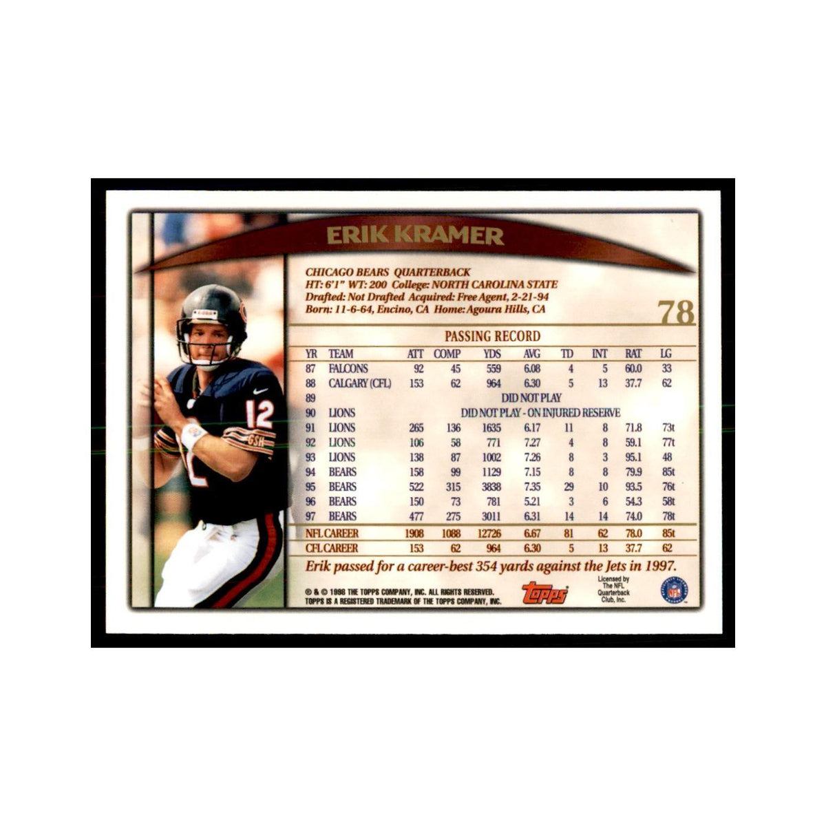 Erik Kramer 1998 Topps #78 Football Cards Football Card NM
