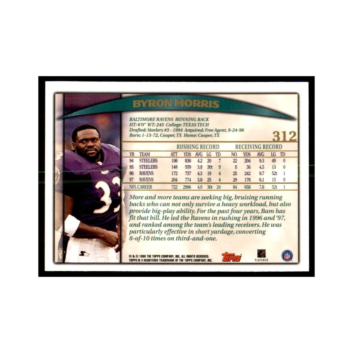 Byron Morris 1998 Topps #312 Football Cards Football Card NM