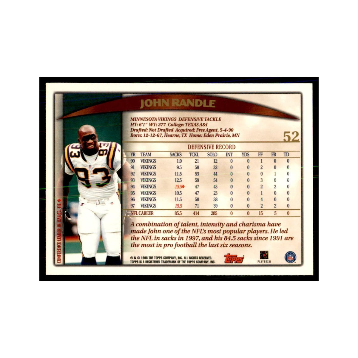 John Randle 1998 Topps #52 Football Cards Football Card NM