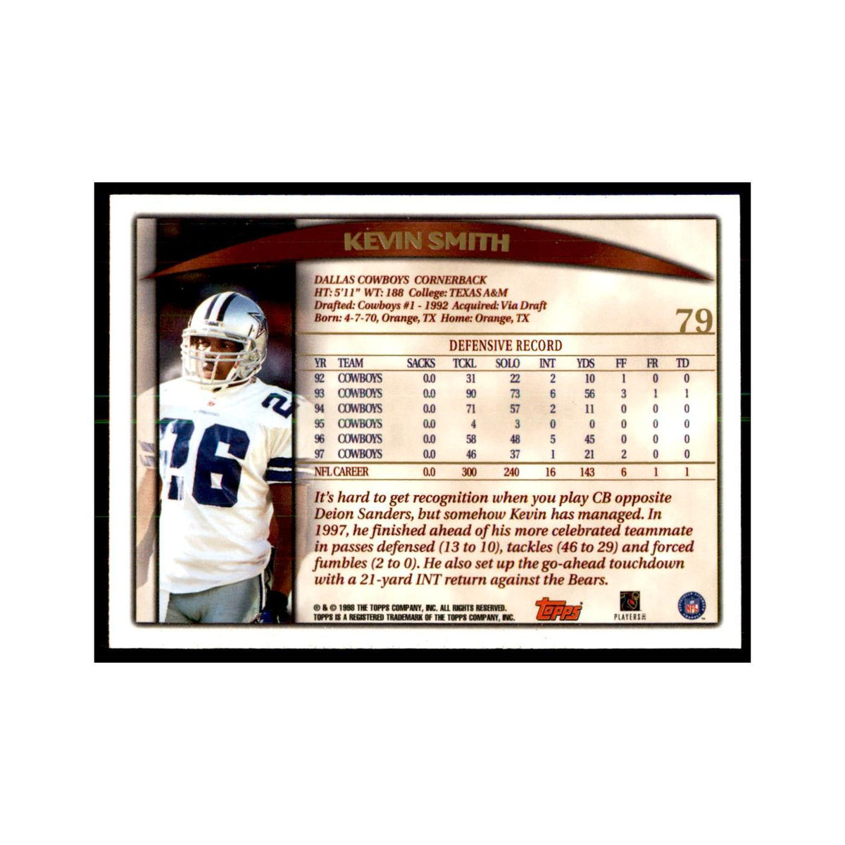 Kevin Smith 1998 Topps #79 Football Cards Football Card NM