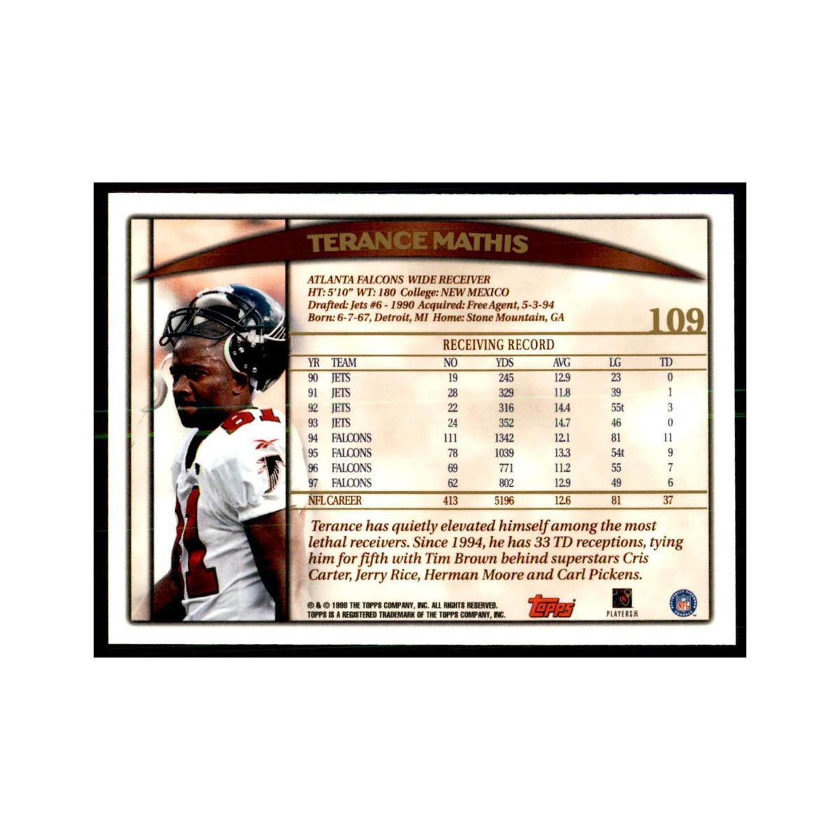 Terance Mathis 1998 Topps #109 Football Cards Football Card NM