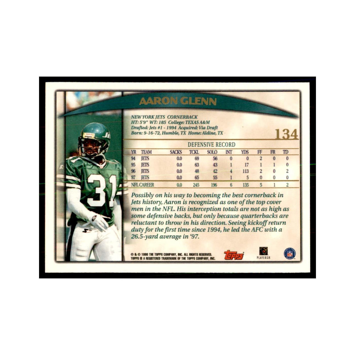 Aaron Glenn 1998 Topps #134 Football Cards Football Card NM