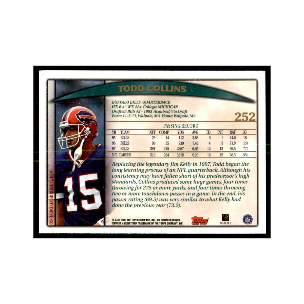 Todd Collins 1998 Topps #252 Football Cards Football Card NM