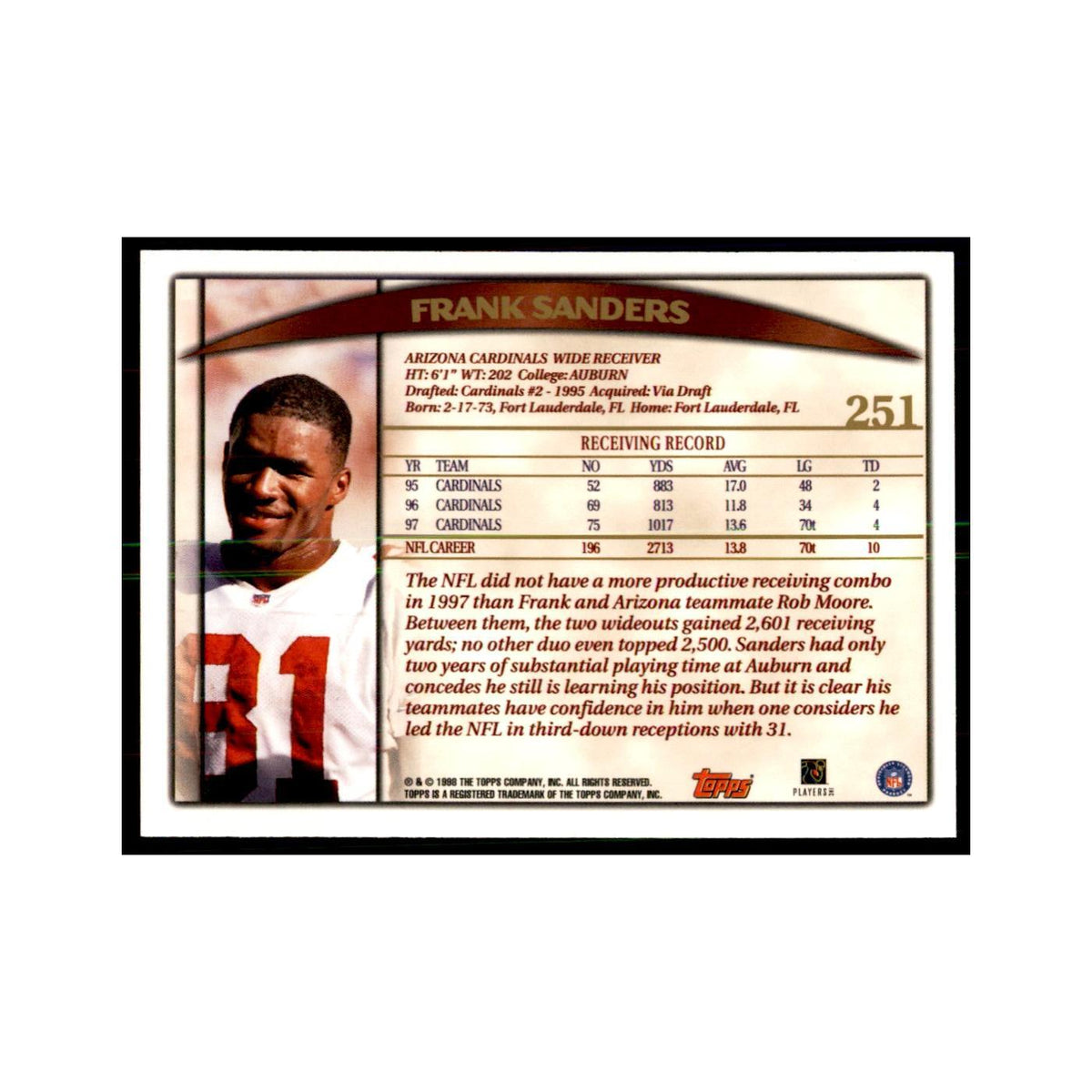 Frank Sanders 1998 Topps #251 Football Cards Football Card NM