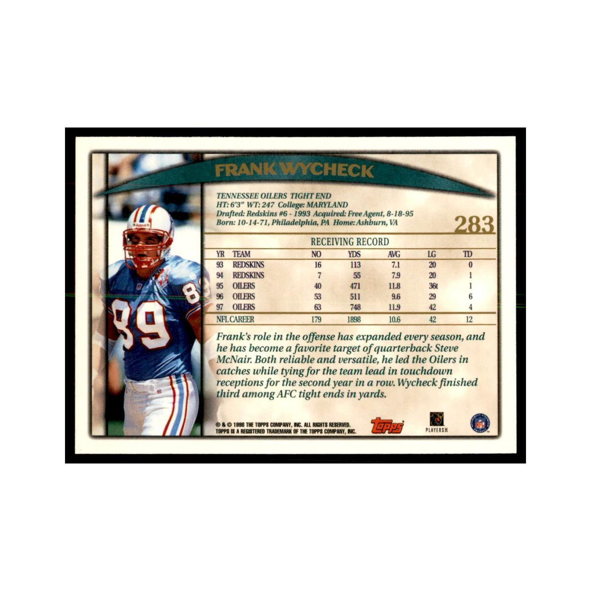 Frank Wycheck 1998 Topps #283 Football Cards Football Card NM