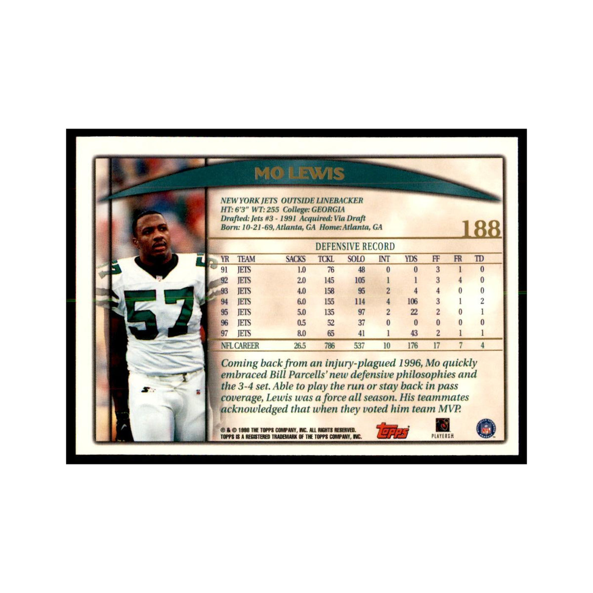 Mo Lewis 1998 Topps #188 Football Cards Football Card NM