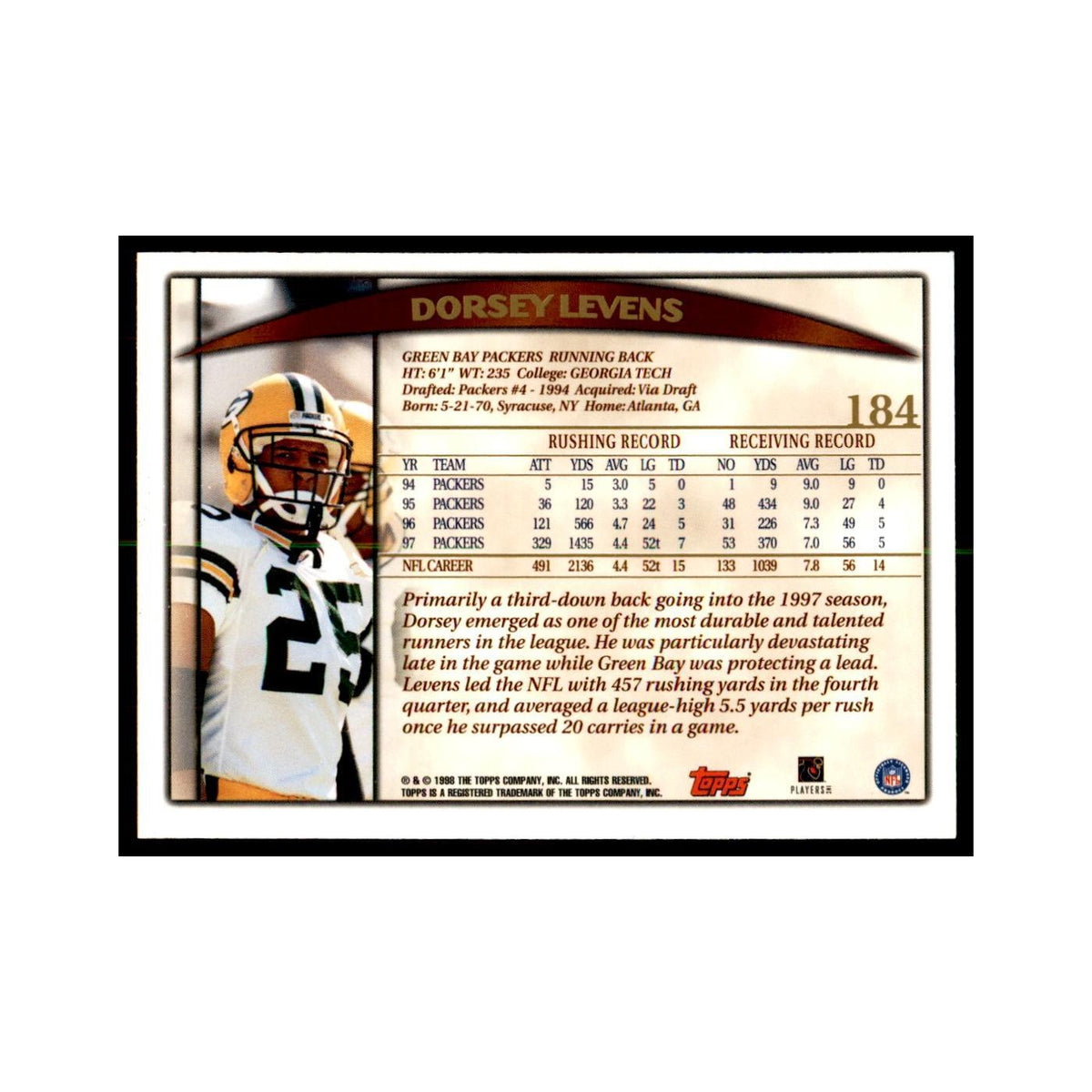 Dorsey Levens 1998 Topps #184 Football Cards Football Card NM
