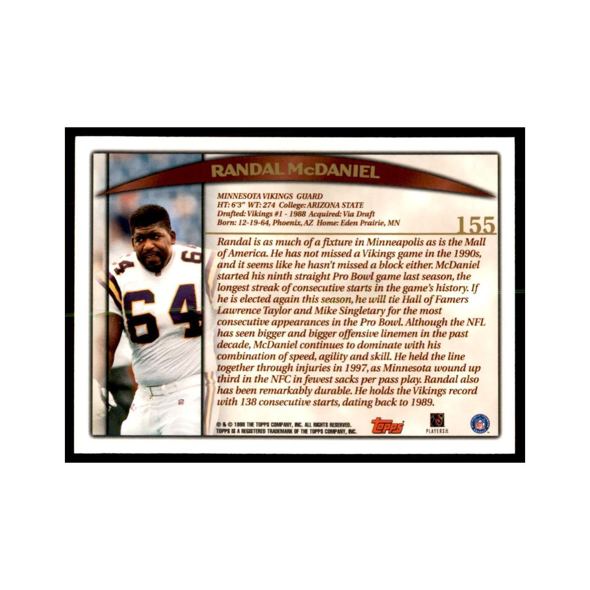 Randall McDaniel 1998 Topps #155 Football Cards Football Card NM