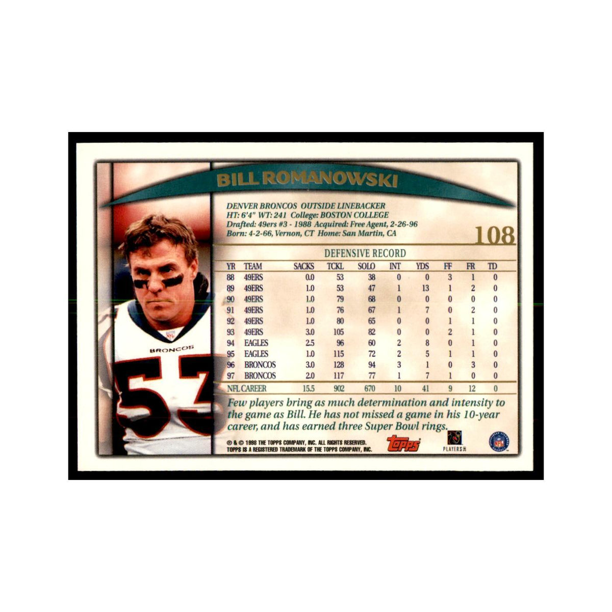 Bill Romanowski 1998 Topps #108 Football Cards Football Card NM