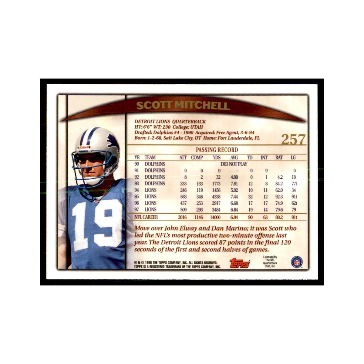 Scott Mitchell 1998 Topps #257 Football Cards Football Card NM